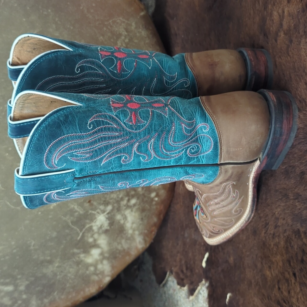 TONY LAMA ladies style#7931L "tan vintage cow cross" teal/brown cowboy boots 6.5 - Picture 5 of 16